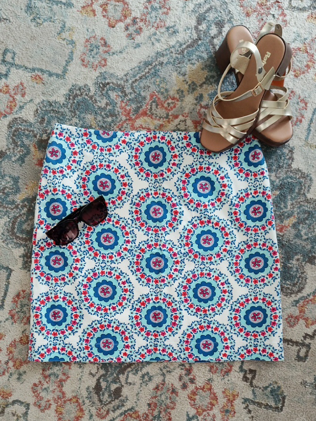 Talbots White Mini Skirt With Blue & Pink Medallion Print